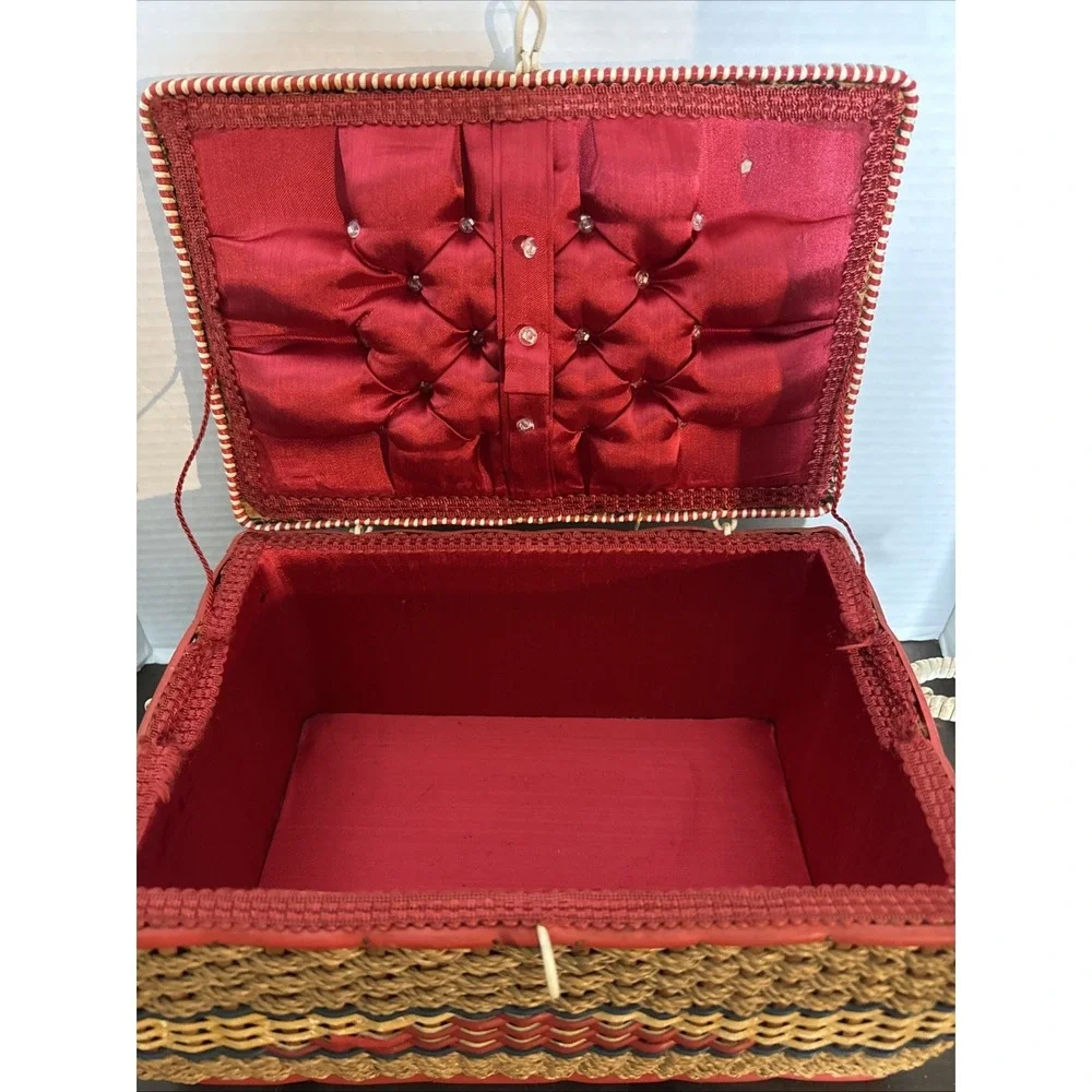 Vintage Woven Floral Sewing Basket Tray Tapestry 11